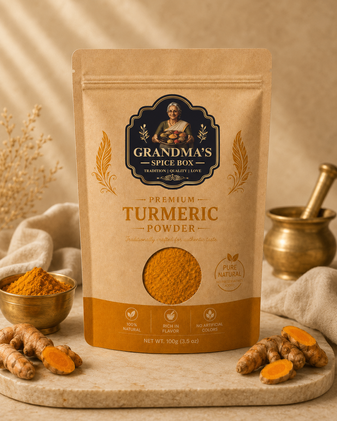 Grandma's Spice Box Premium Turmeric Powder pouch, front view