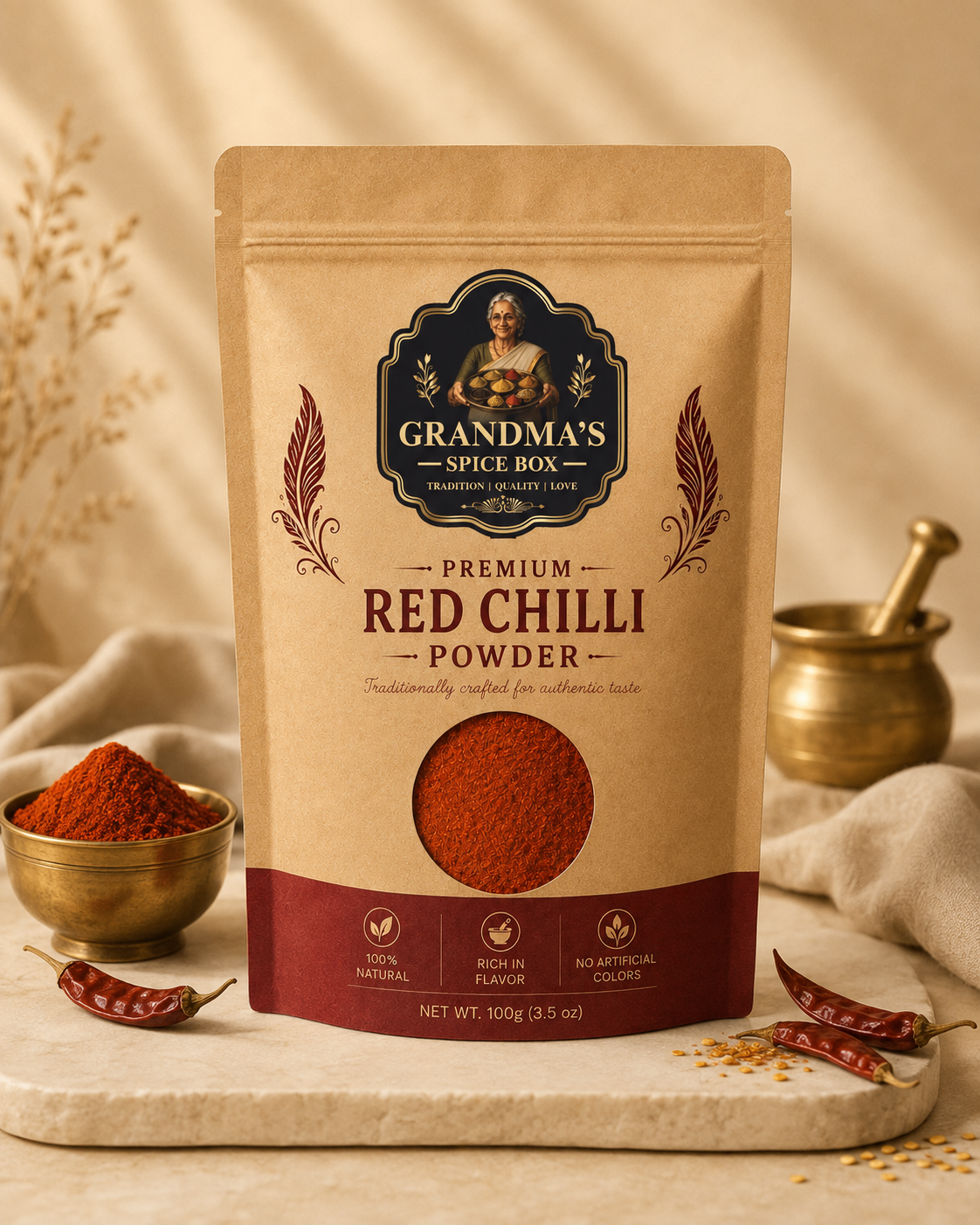 Grandma's Spice Box Premium Red Chili Powder pouch, front view