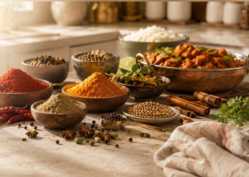 Bowls of Indian spices, rice and curry laid out on a bright kitchen counter