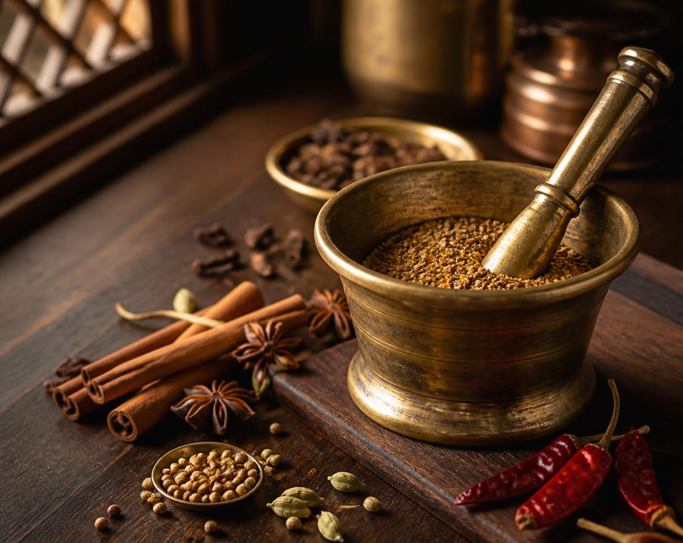Brass mortar and pestle with hand-ground spice and whole spices in a traditional kitchen
